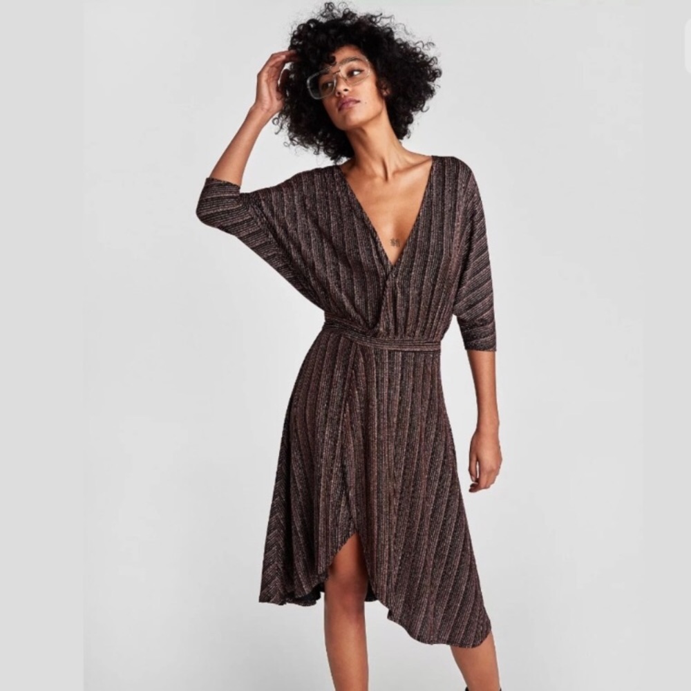 New Zara Crossover Shimmer Metallic Wrap Dress